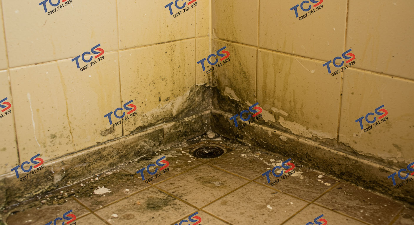 Hiện trạng nhà vệ sinh bị thấm, tường ố vàng và bong tróc sơn do không được chống thấm đúng cách.