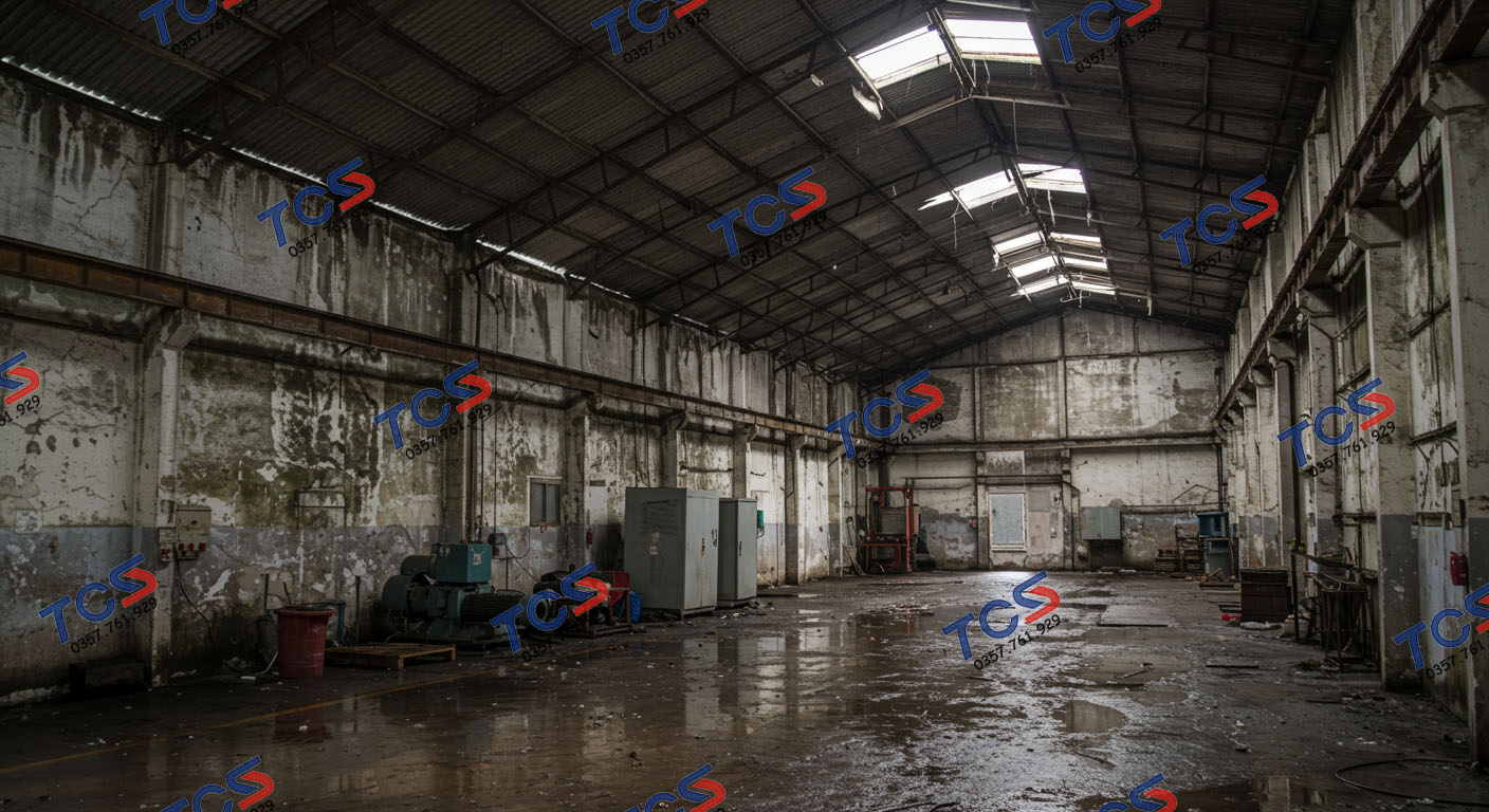 Hiện trạng nhà xưởng bị thấm dột nặng, ảnh hưởng đến máy móc và không thể hoạt động.