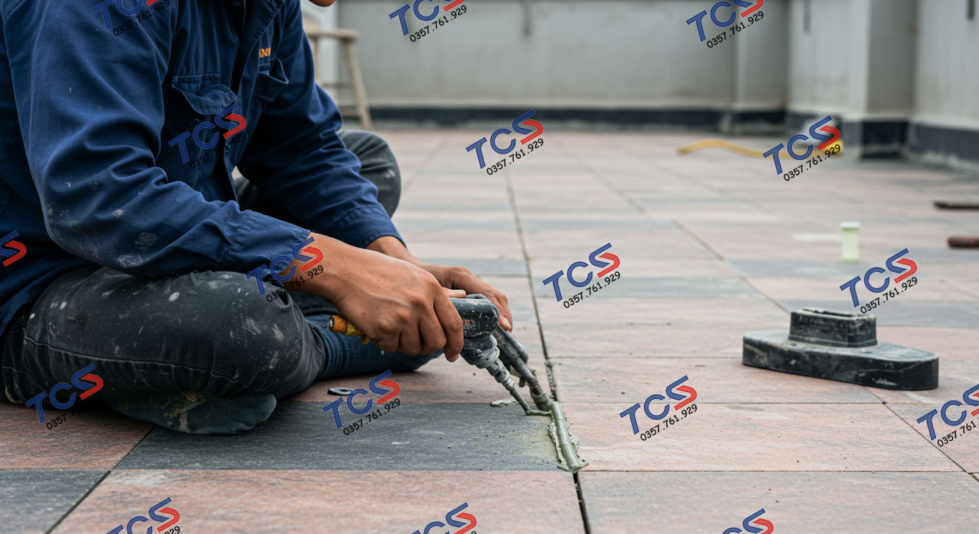 Kỹ thuật viên TCS đang ngồi tỉ mỉ dùng dụng cụ chuyên dụng để trám lại các đường ron gạch bị hỏng