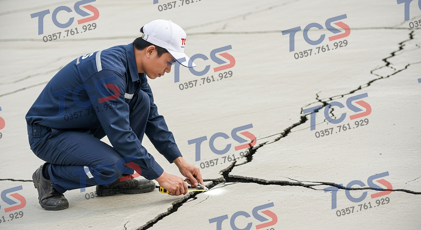 Kỹ thuật viên TCS đang kiểm tra vết nứt trên sân thượng