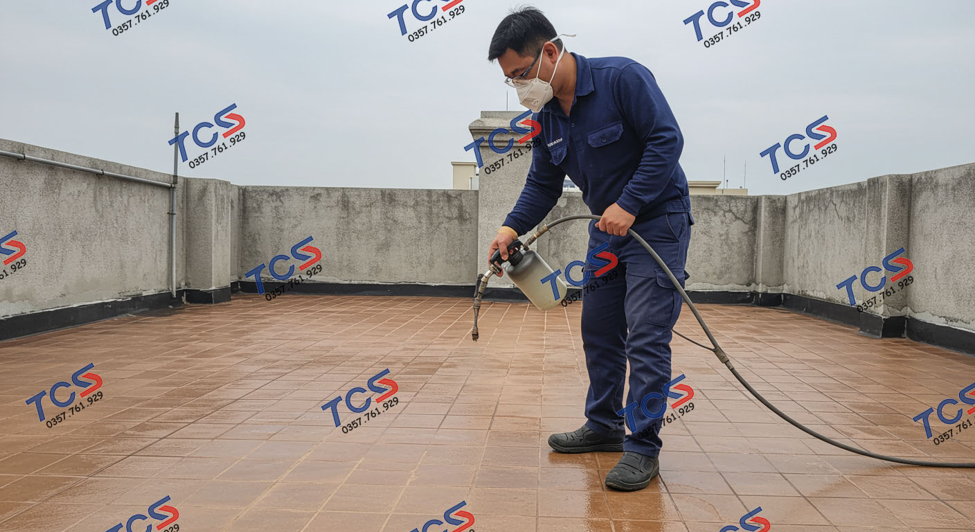 Một kỹ thuật viên TCS sử dụng phương pháp chống thấm sân thượng chuyên dụng