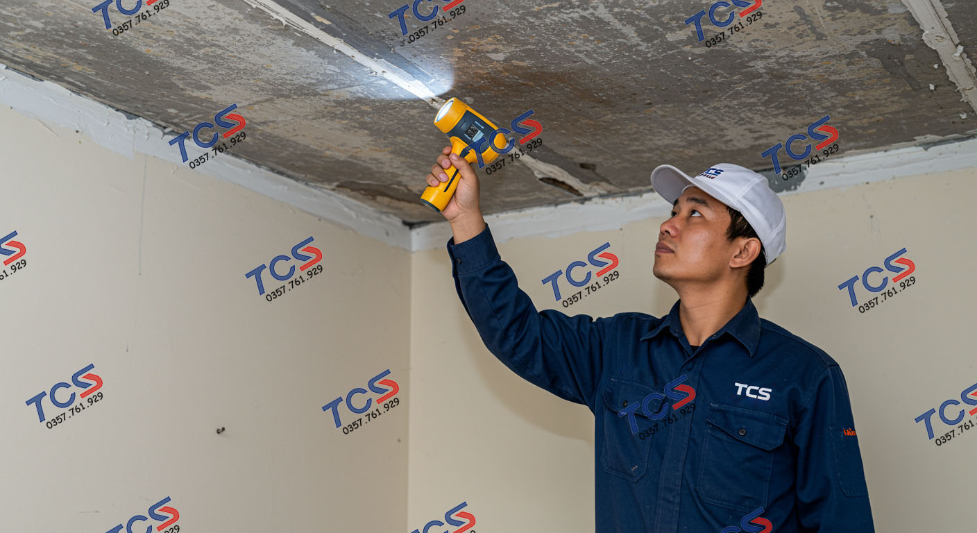 Kỹ thuật viên đang kiểm tra trần nhà