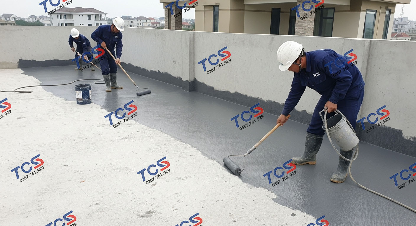 Sân thượng đã được tạo dốc và đang được phủ PU, sân thượng bị đọng nước