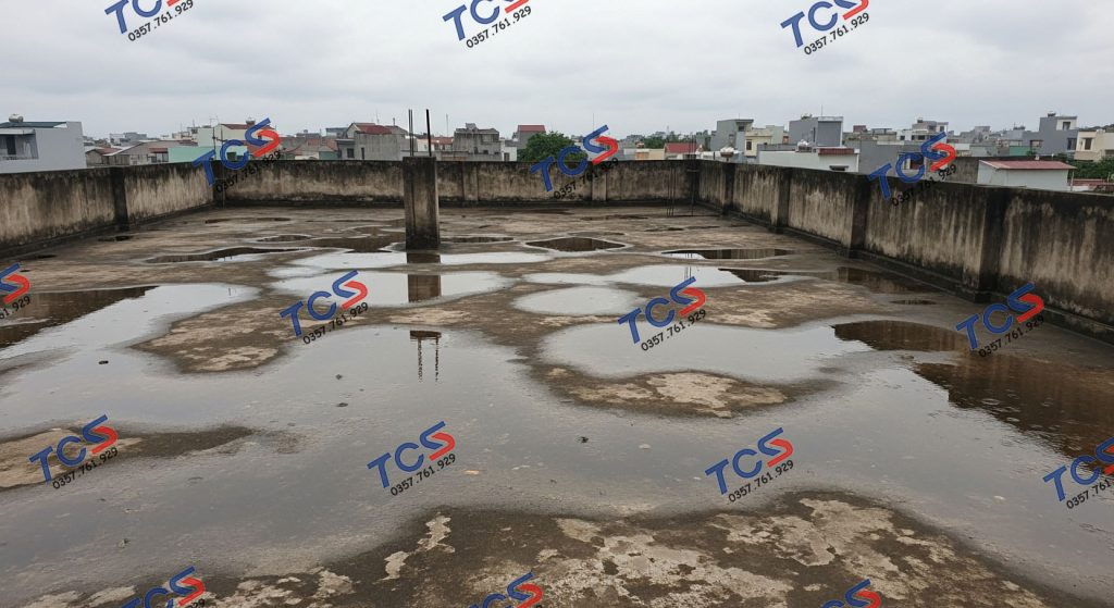 Sân thượng bị đọng thành nhiều vũng nước lớn sau mưa