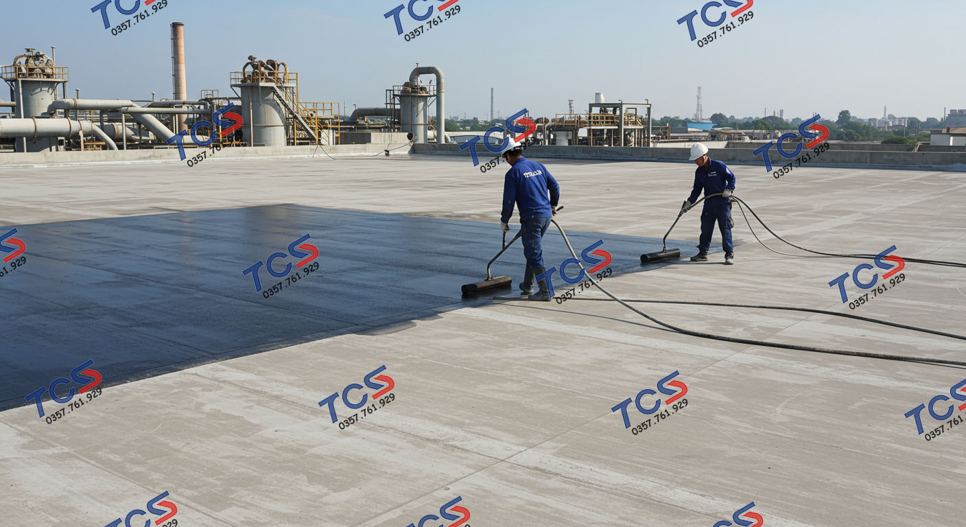 Thi công chống thấm mái nhà xưởng quy mô lớn bằng máy phun chuyên nghiệp.