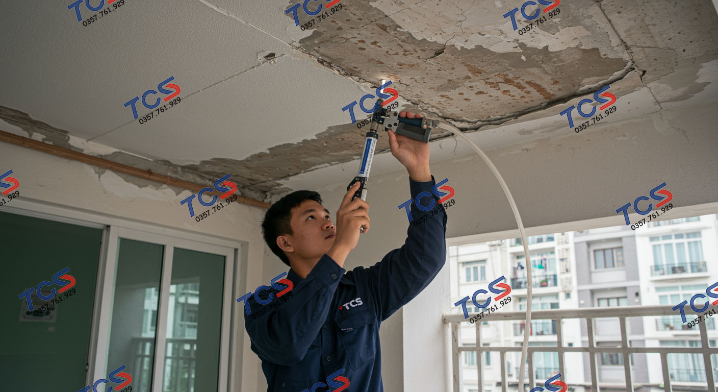 Xử lý tạm thời thấm trần từ bên dưới bằng cách bơm keo PU