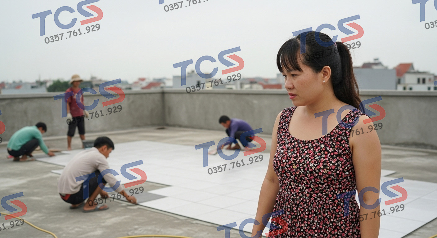 Gia chủ lo lắng về viễn cảnh phải đục bỏ nền gạch sân thượng để xử lý chống thấm.