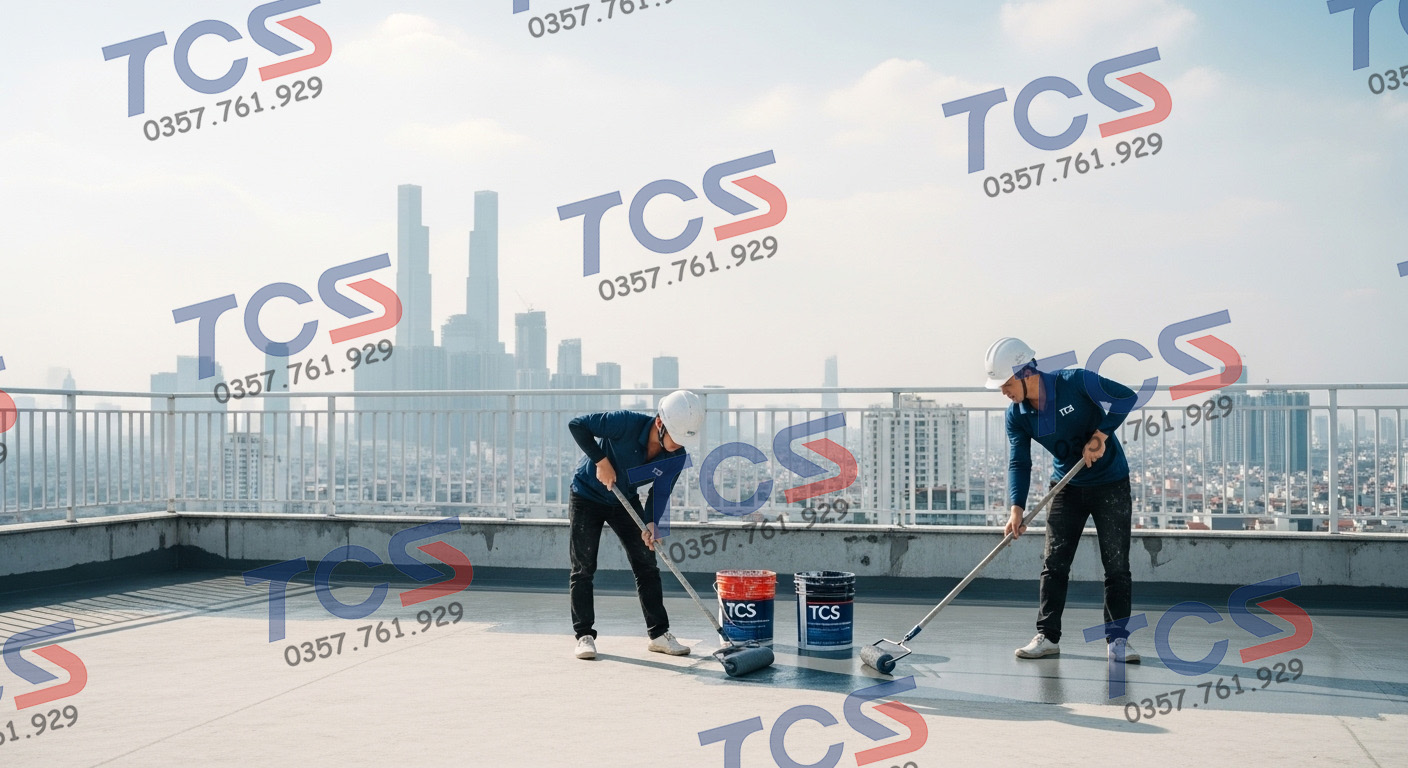 Kỹ thuật viên TCSC Corp thi công lớp phủ chống thấm PU trực tiếp lên nền gạch sân thượng.