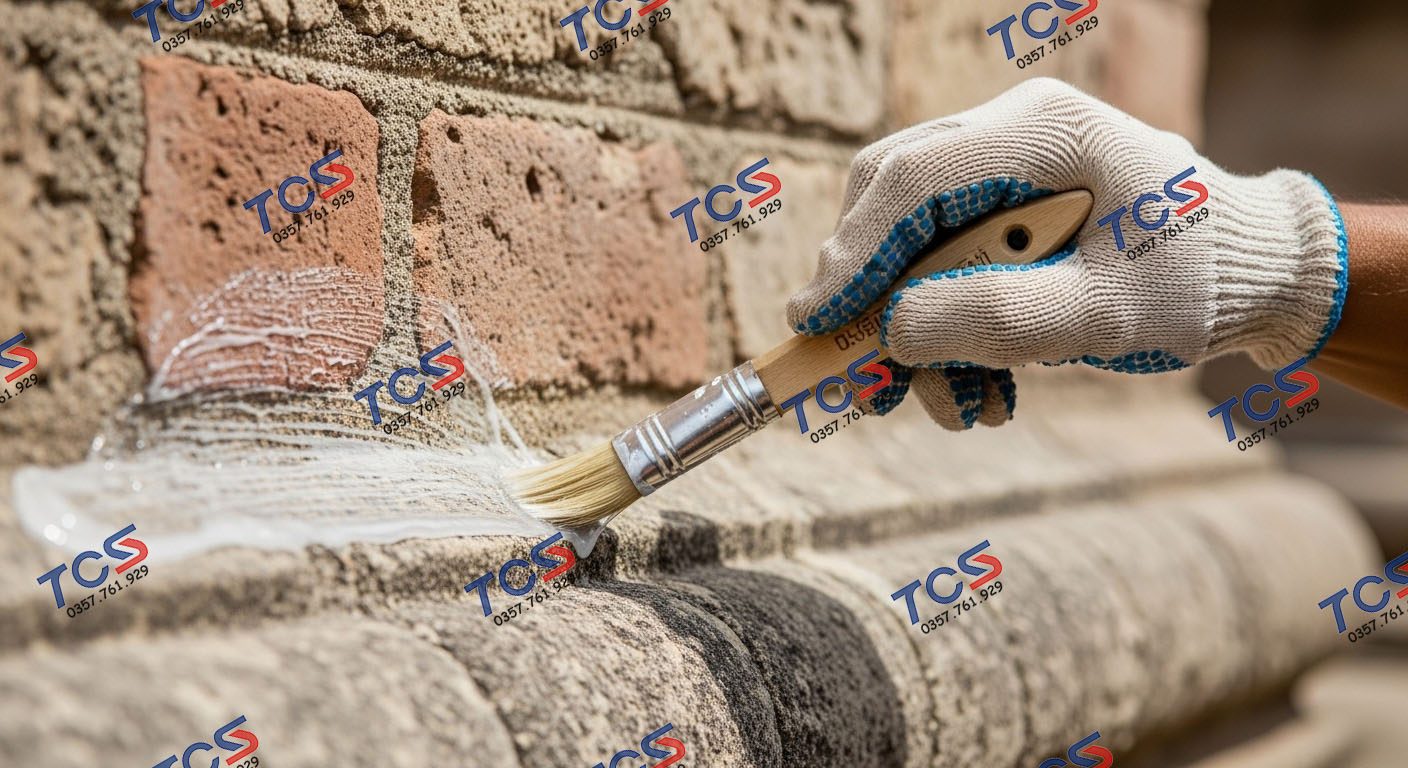 Kỹ thuật viên TCSC Corp đang tỉ mỉ thi công lớp chống thấm thẩm thấu cho tường cổ. chống thấm nhà thờ.