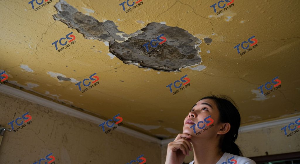 Chị chủ nhà ở quận Ba Đình lo lắng khi thấy dấu hiệu sân thượng bị thấm xuống trần