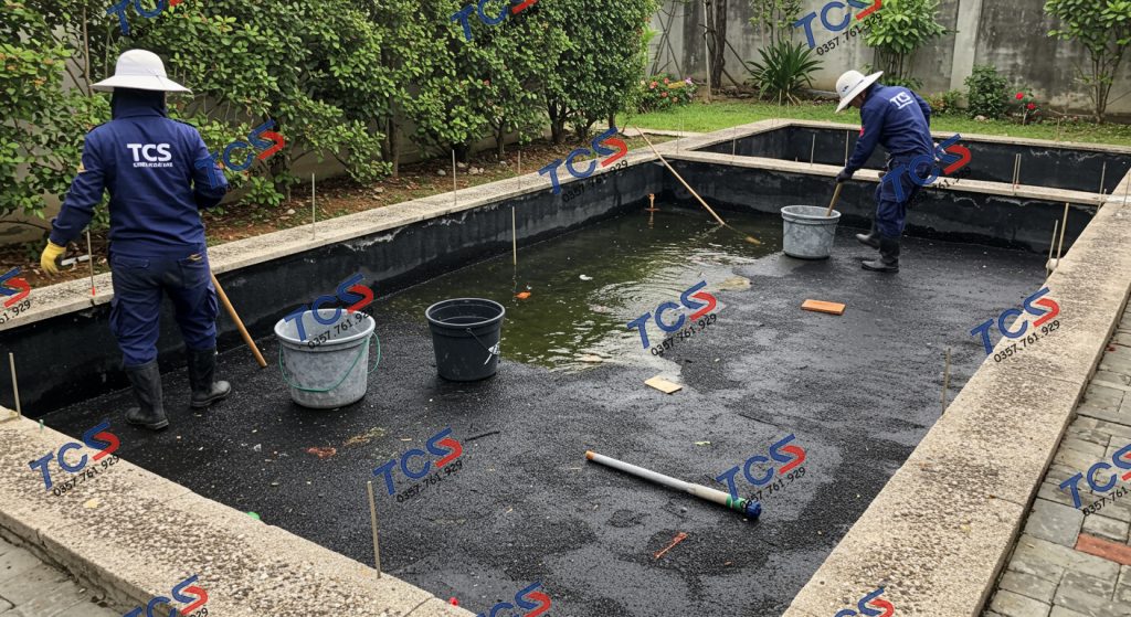 Quy trình thi công chống thấm hồ cá cảnh chuyên nghiệp: chuẩn bị bề mặt, thi công lớp chống thấm an toàn
