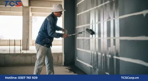 Một người thợ đang dùng con lăn (rulo) lăn lớp sơn chống thấm